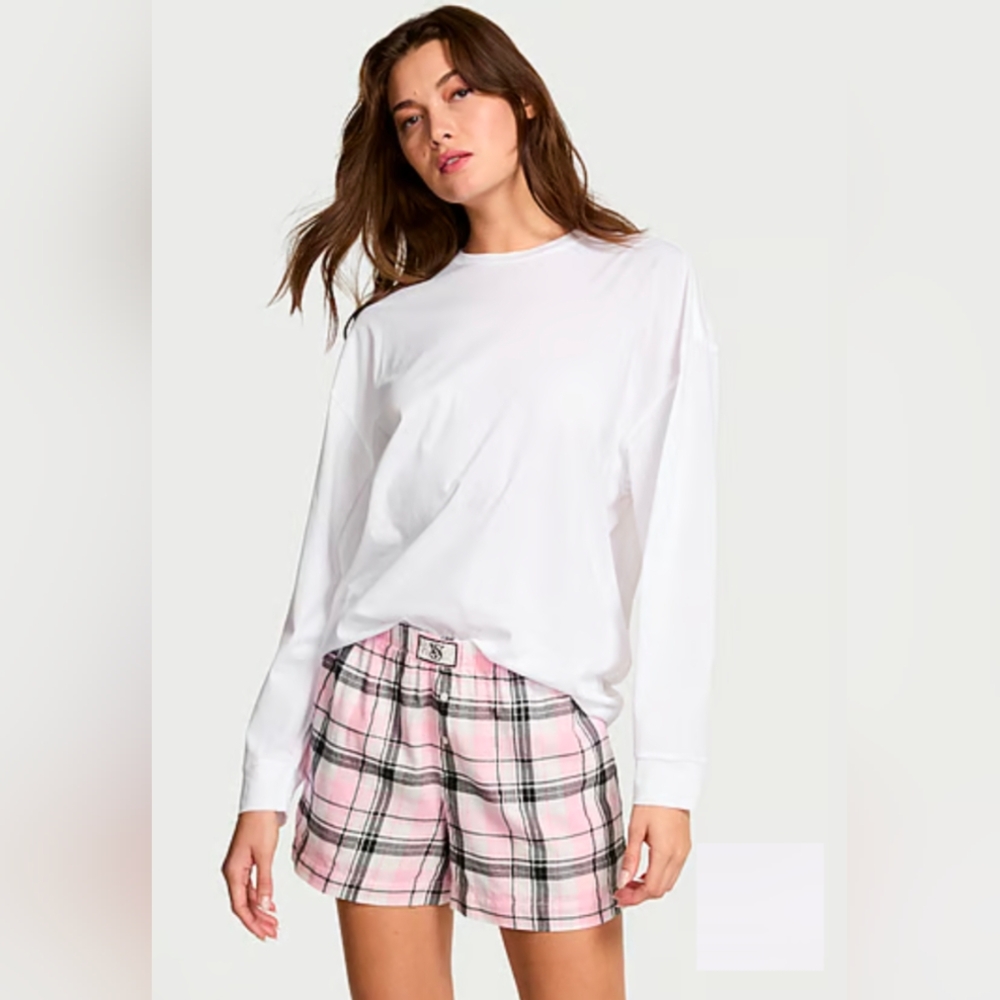 Victoria's Secret Flannel Long Sleeve Short Tee Pajama Set